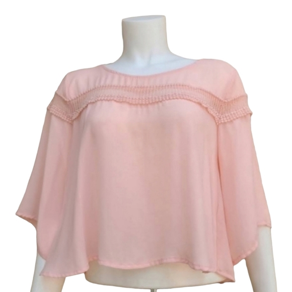 LUSH NORDSTROM Pink Chiffon Crop Top M Blouse Tapered Bell Sleeve Embroidered - Picture 6 of 14